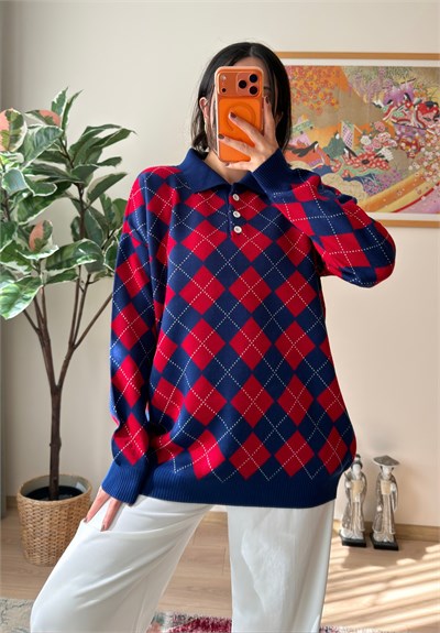 Baklava Desenli Polo Yaka Oversize Kazak Lacivert
