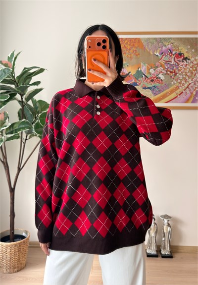 Baklava Desenli Polo Yaka Oversize Kazak Kahve