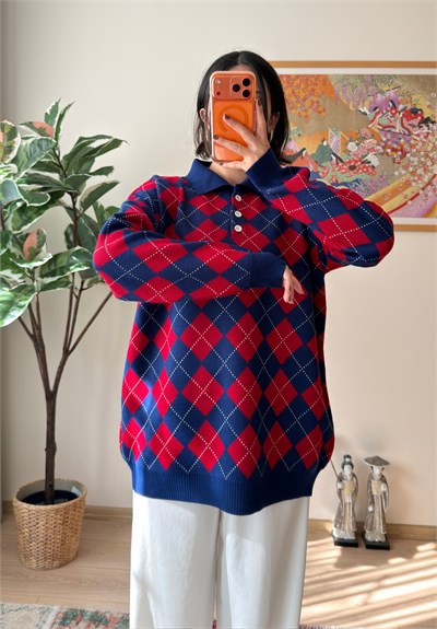 Baklava Desenli Polo Yaka Oversize Kazak Lacivert