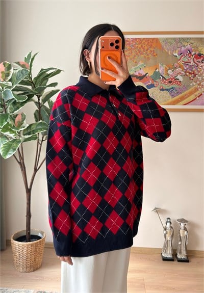 Baklava Desenli Polo Yaka Oversize Kazak Siyah