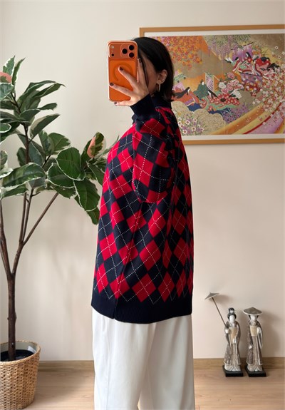 Baklava Desenli Polo Yaka Oversize Kazak Siyah