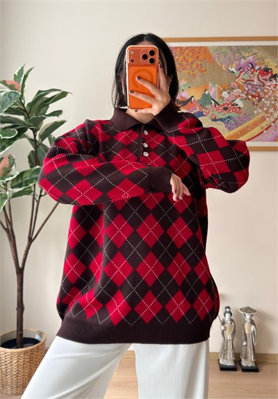 Baklava Desenli Polo Yaka Oversize Kazak Kahve