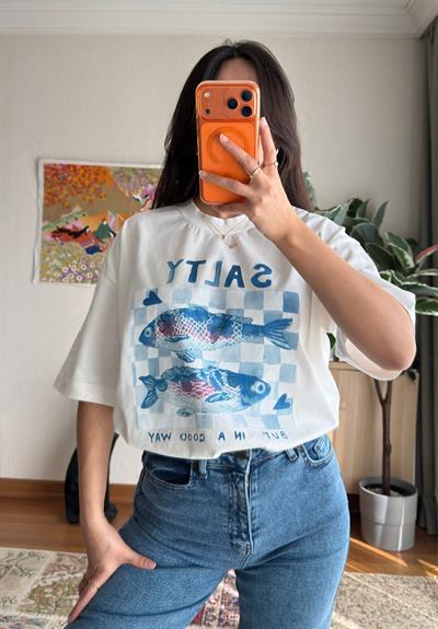Balık Baskılı Vintage T-Shirt 