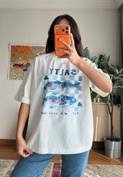Balık Baskılı Vintage T-Shirt 