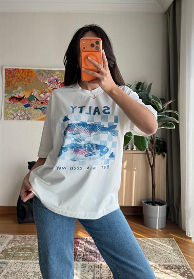 Balık Baskılı Vintage T-Shirt 