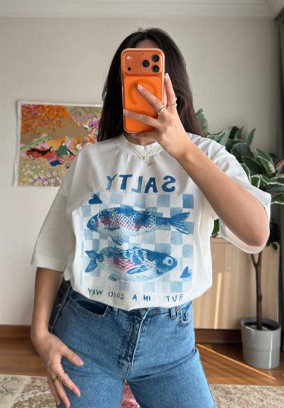 Balık Baskılı Vintage T-Shirt 