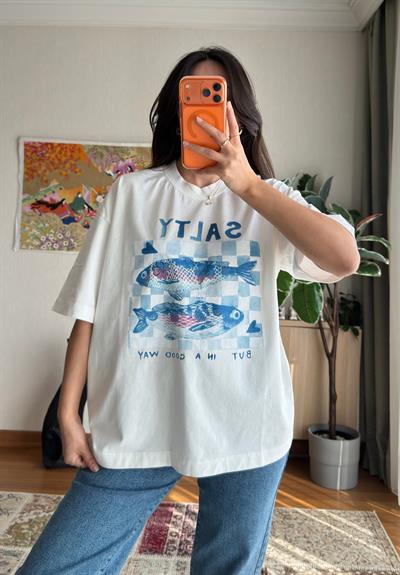 Balık Baskılı Vintage T-Shirt 
