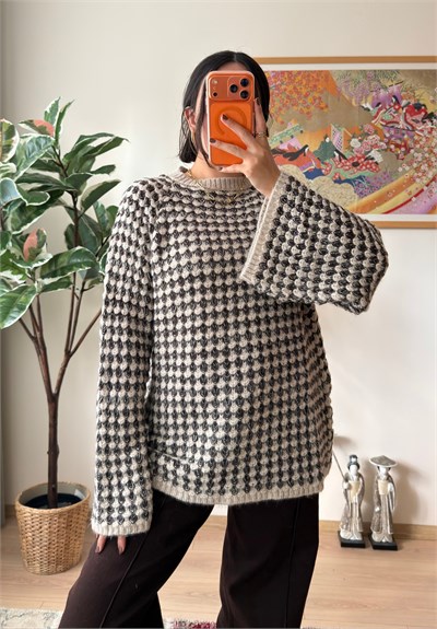 Balıksırtı Desenli Bisiklet Yaka Oversize Kazak