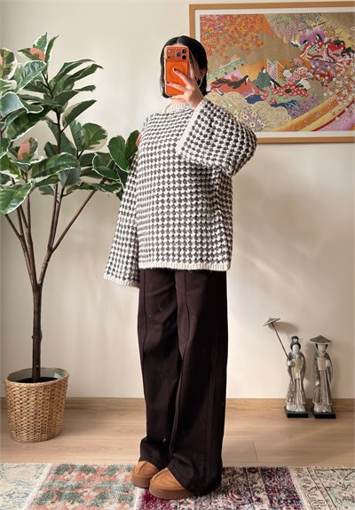 Balıksırtı Desenli Bisiklet Yaka Oversize Kazak