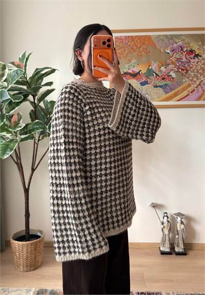 Balıksırtı Desenli Bisiklet Yaka Oversize Kazak