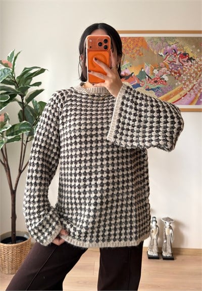 Balıksırtı Desenli Bisiklet Yaka Oversize Kazak