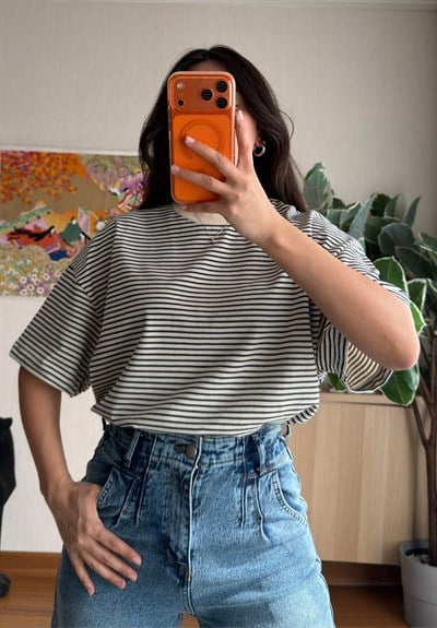 Massi Çizgili Oversize T-Shirt Lacivert