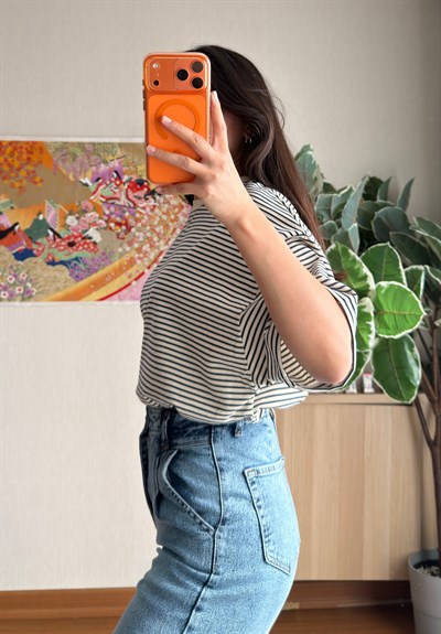 Massi Çizgili Oversize T-Shirt Lacivert