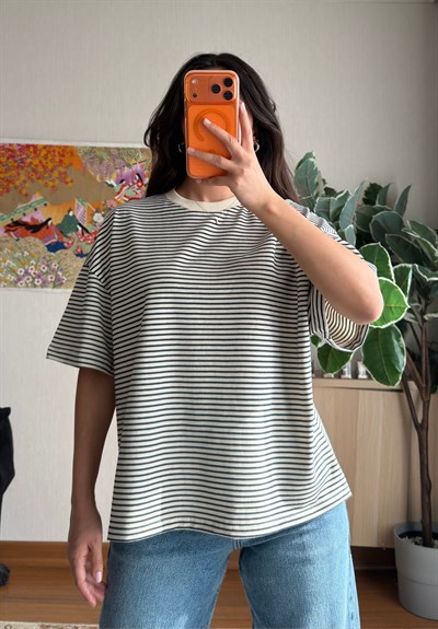 Massi Çizgili Oversize T-Shirt Lacivert