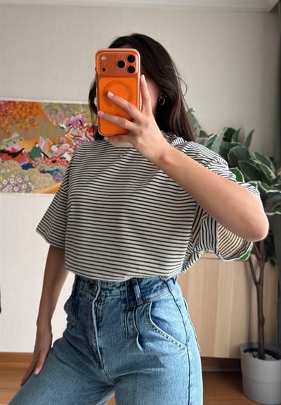 Massi Çizgili Oversize T-Shirt Lacivert