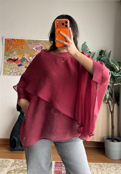 Beniho Uçuşan Pelerin Bluz Bordo