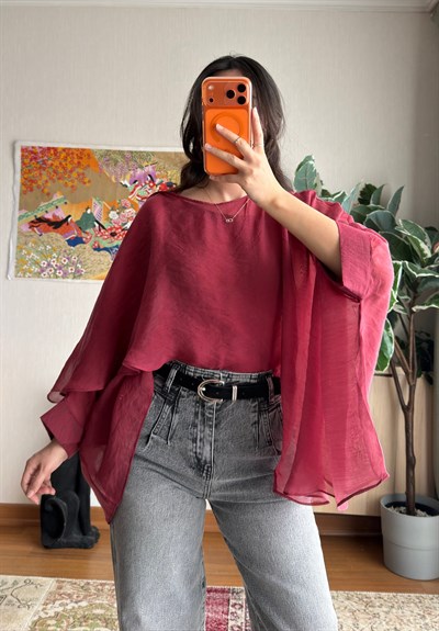 Beniho Uçuşan Pelerin Bluz Bordo