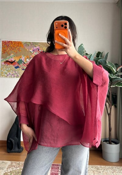 Beniho Uçuşan Pelerin Bluz Bordo