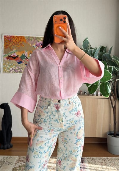Beyaz Çizgi Dokumalı Gömlek Pembe