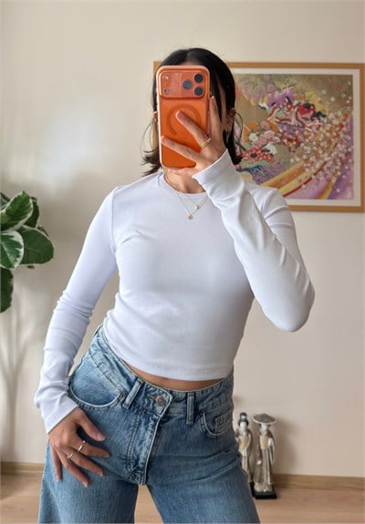 Bisiklet yaka basic Bluz Beyaz