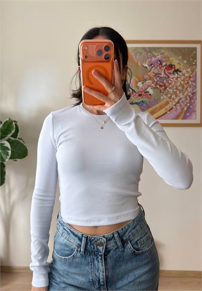 Bisiklet yaka basic Bluz Beyaz