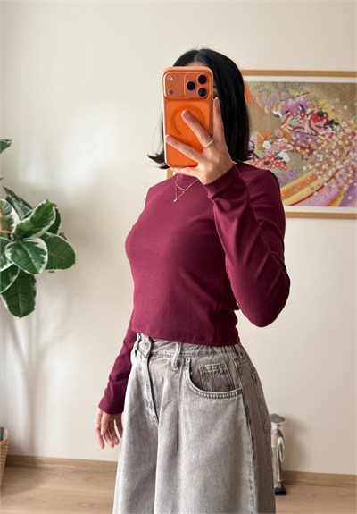 Bisiklet yaka basic Bluz Bordo