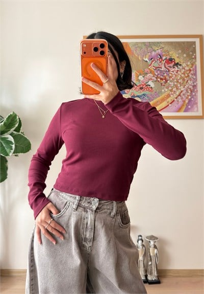 Bisiklet yaka basic Bluz Bordo