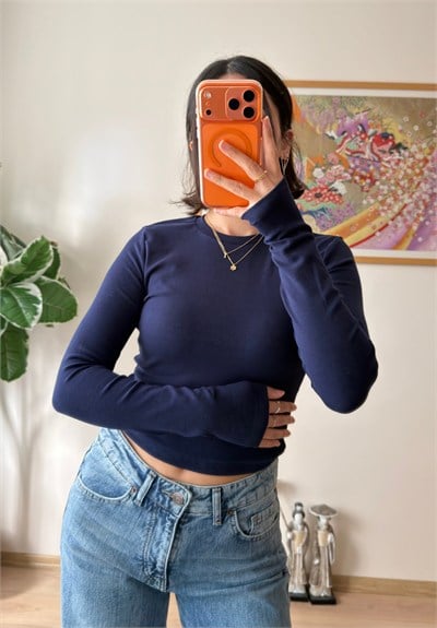 Bisiklet yaka basic Bluz Lacivert