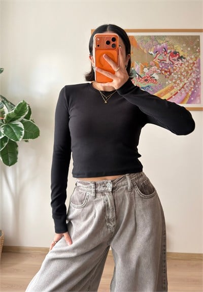 Bisiklet yaka basic Bluz Siyah
