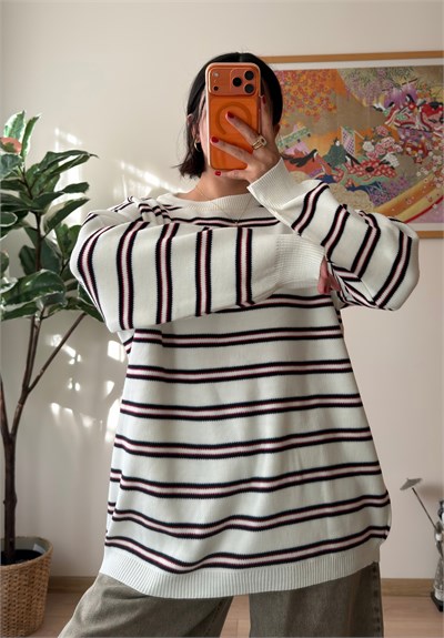 Bisiklet Yaka Çizgili Oversize Triko Kazak Ekru