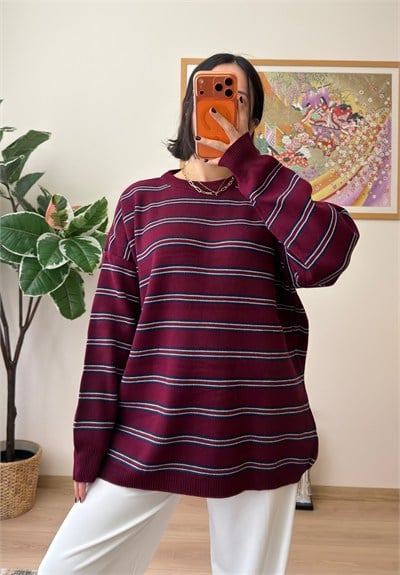 Bisiklet Yaka Çizgili Oversize Triko Kazak Bordo