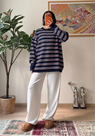 Bisiklet Yaka Çizgili Oversize Triko Kazak Lacivert