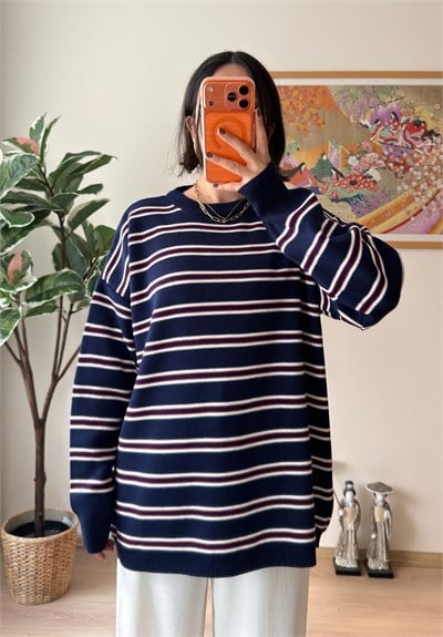 Bisiklet Yaka Çizgili Oversize Triko Kazak Lacivert