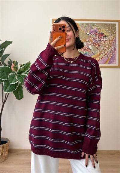 Bisiklet Yaka Çizgili Oversize Triko Kazak Bordo