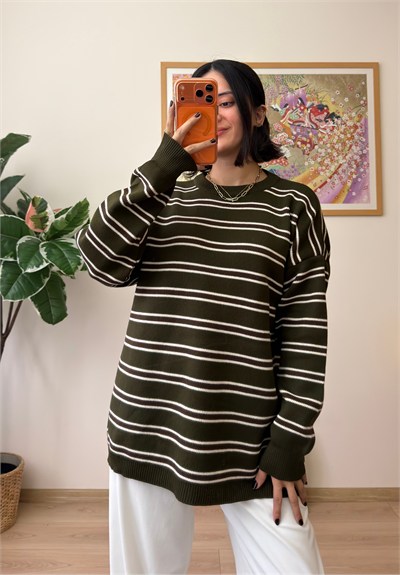 Bisiklet Yaka Çizgili Oversize Triko Kazak Haki