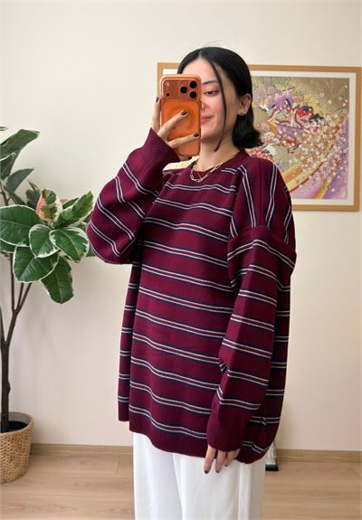 Bisiklet Yaka Çizgili Oversize Triko Kazak Bordo