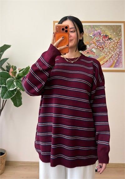 Bisiklet Yaka Çizgili Oversize Triko Kazak Bordo