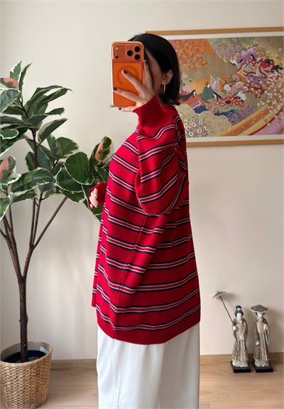 Bisiklet Yaka Çizgili Oversize Triko Kazak Kırmızı