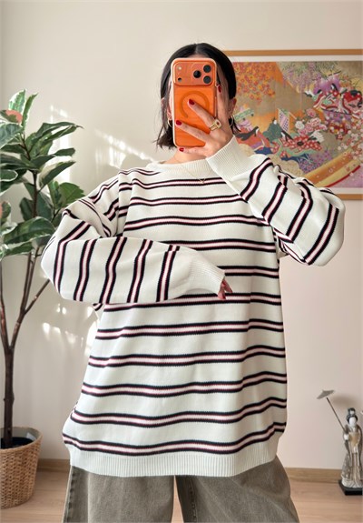 Bisiklet Yaka Çizgili Oversize Triko Kazak Ekru
