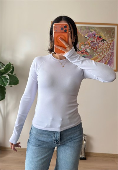 Bisiklet Yaka Reglan Bluz Beyaz