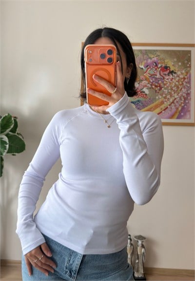 Bisiklet Yaka Reglan Bluz Beyaz