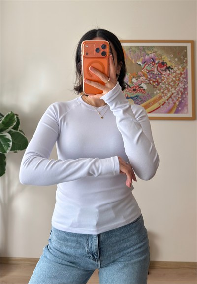 Bisiklet Yaka Reglan Bluz Beyaz