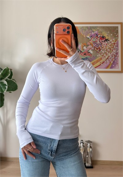 Bisiklet Yaka Reglan Bluz Beyaz