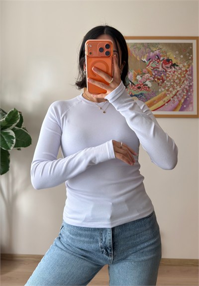 Bisiklet Yaka Reglan Bluz Beyaz