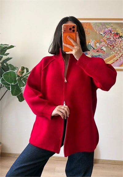 Çift Fermuar Detaylı Uzun Triko Hırka Kırmızı