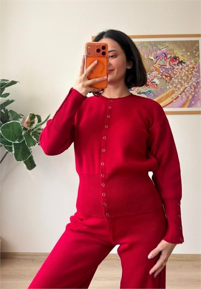 Çıtçıtlı Bel Detaylı Triko Takım Kırmızı