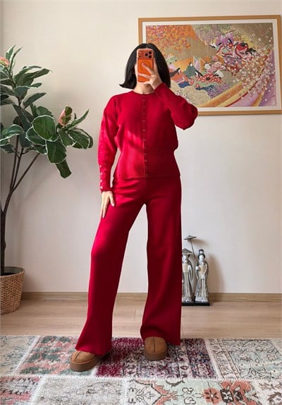 Çıtçıtlı Bel Detaylı Triko Takım Kırmızı