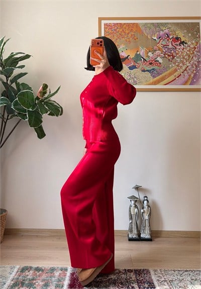 Çıtçıtlı Bel Detaylı Triko Takım Kırmızı