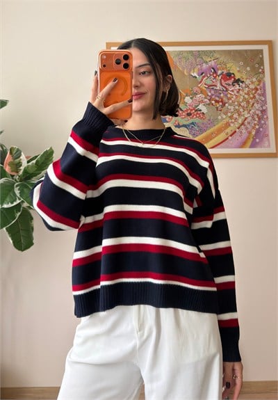 Çizgili Bisiklet Yaka Kısa Oversize Triko Kazak Lacivert