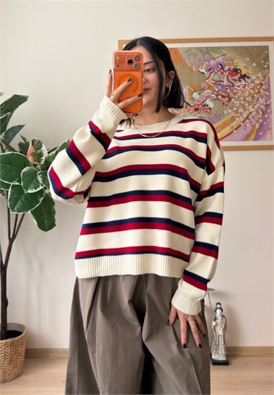 Çizgili Bisiklet Yaka Kısa Oversize Triko Kazak Ekru